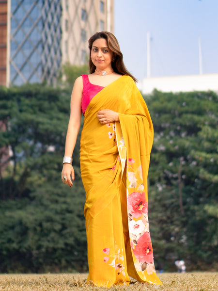 Golden petals copy Elegant Yellow Crepe Viscose Saree for Festive & Casual Wear