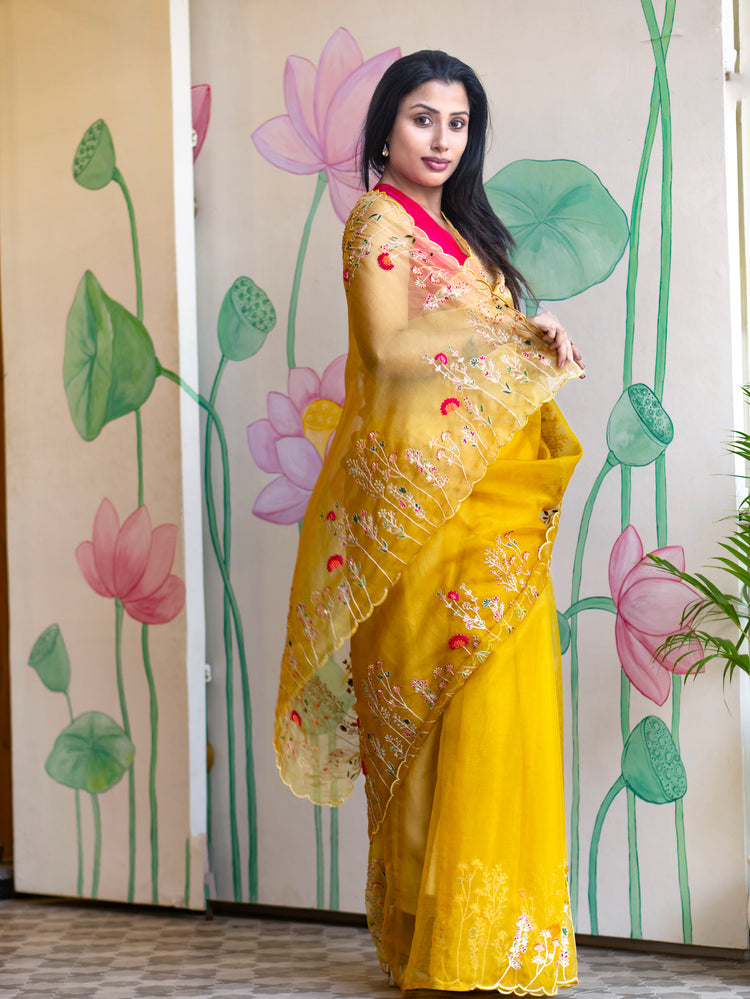 Stylish Yellow Organza Saree with Modern Elegant Look
