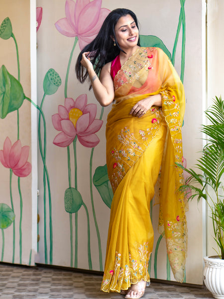 Zarika Stylish Yellow Organza Saree with Modern Elegant Look