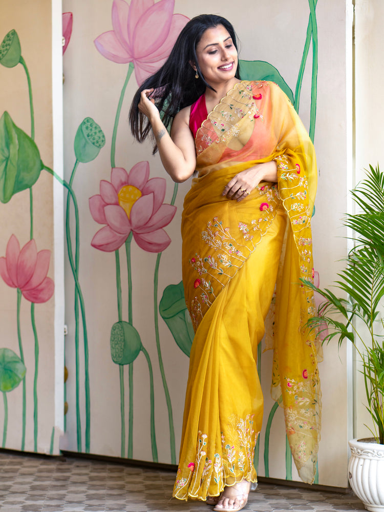 Stylish Yellow Organza Saree with Modern Elegant Look