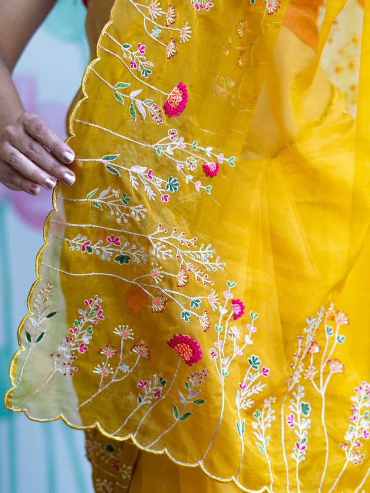 Stylish Yellow Organza Saree with Modern Elegant Look