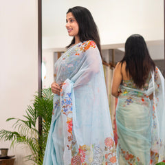 Blue Current | Sky blue floral printed kota saree