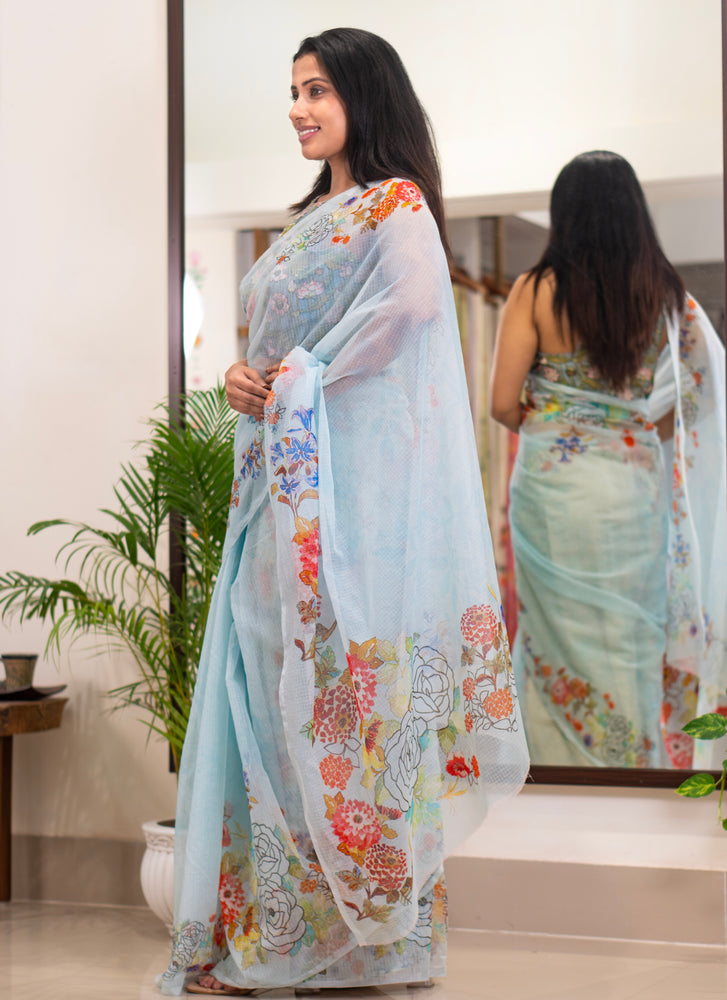 Blue Current | Sky blue floral printed kota saree