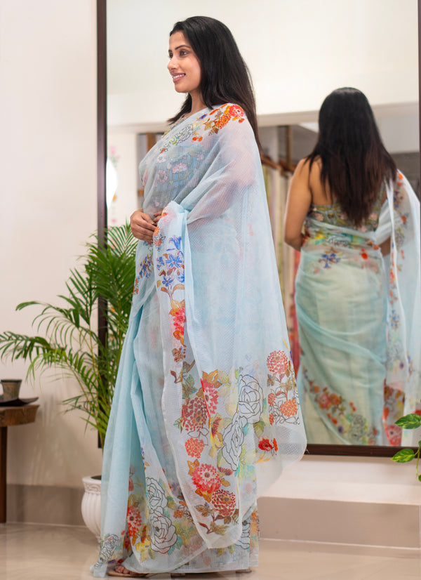 Blue Current | Sky blue floral printed kota saree
