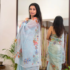 Blue Current | Sky blue floral printed kota saree