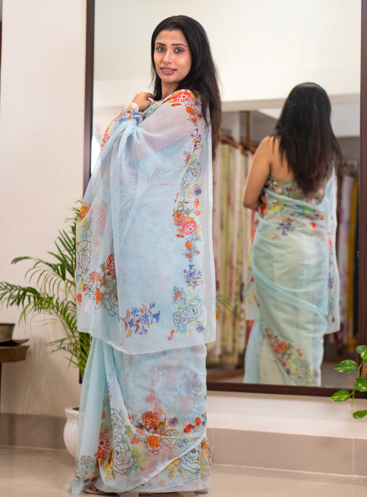 Blue Current | Sky blue floral printed kota saree