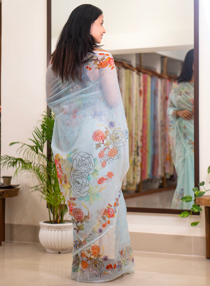 Blue Current | Sky blue floral printed kota saree