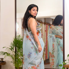 Blue Current | Sky blue floral printed kota saree