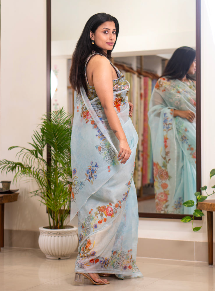 Blue Current | Sky blue floral printed kota saree