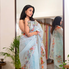 Blue Current | Sky blue floral printed kota saree