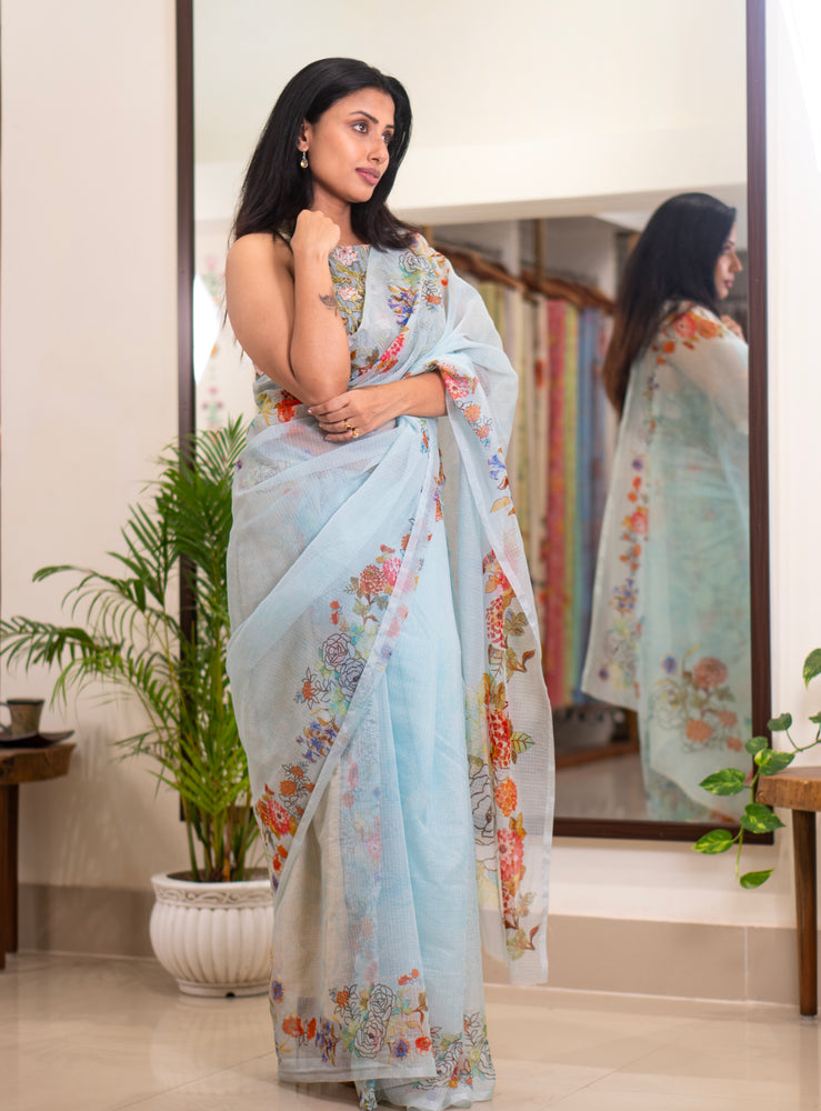 Blue Current | Sky blue floral printed kota saree