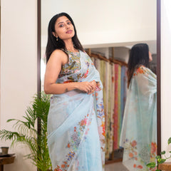 Blue Current | Sky blue floral printed kota saree