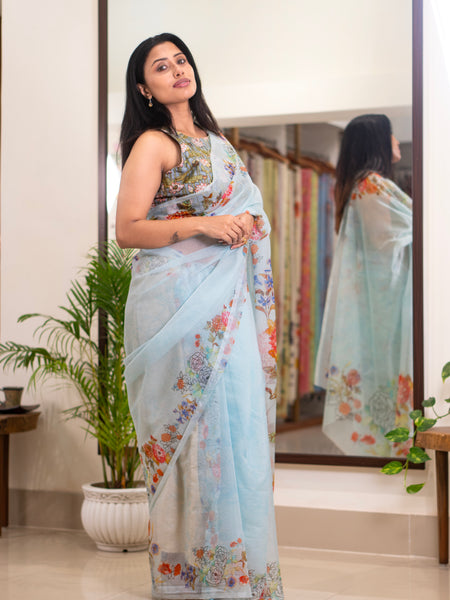 Blue Current | Sky blue floral printed kota saree