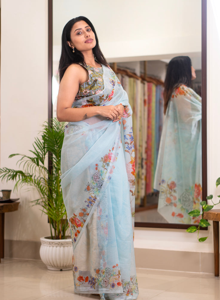 Blue Current | Sky blue floral printed kota saree