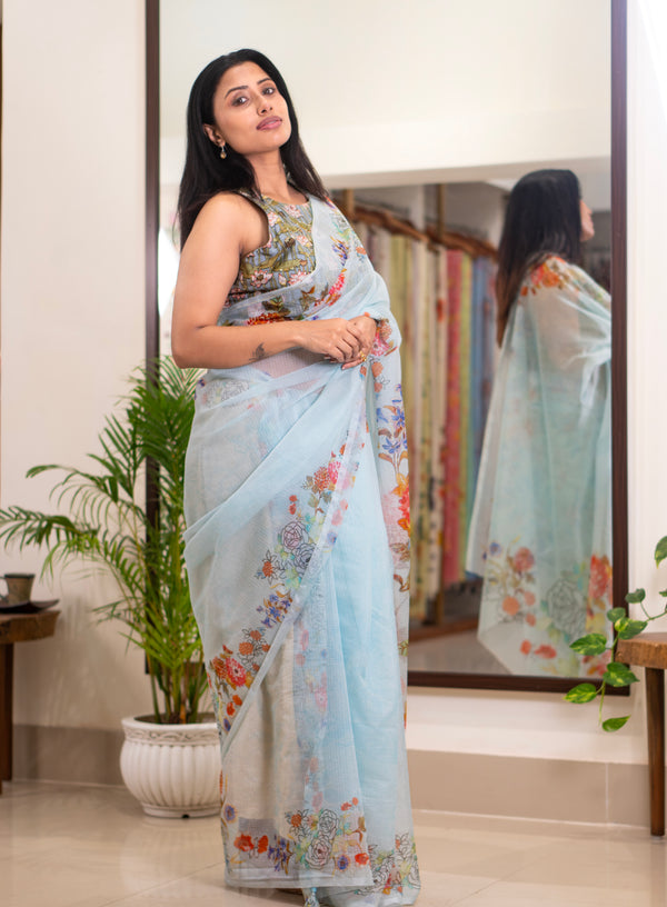 Blue Current | Sky blue floral printed kota saree