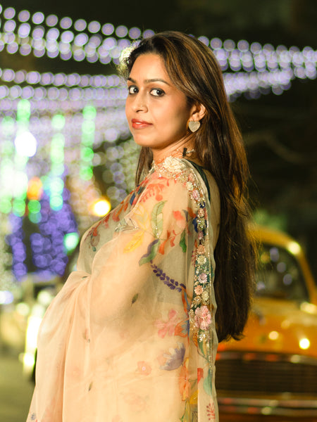 Noir blossom | Designer Pastel Peach Organza Saree – Lightweight Sheer Party Wear Saree