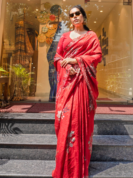 Laal ishq Cherry Red Tussar Silk Saree with Embroidery and Digital Print Design