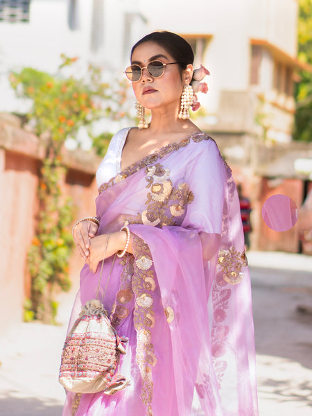 Lily Pastel Pink Organza Saree with Elegant Floral Design | Lightweight Party Wear Saree