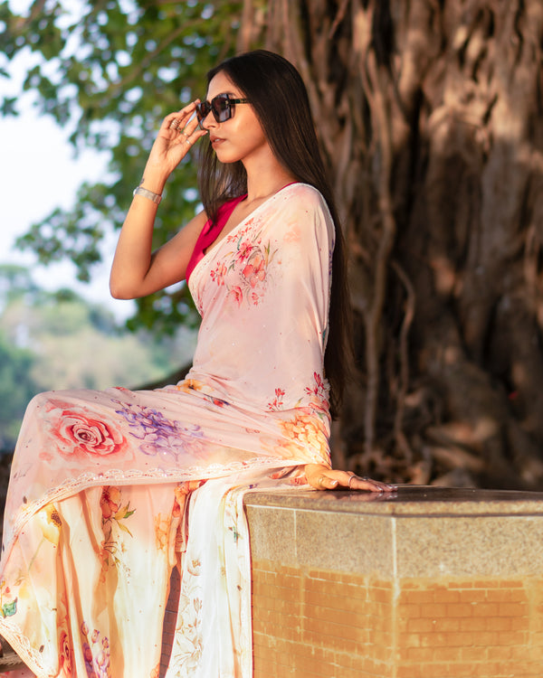 Darling Dahlia Elegant Salmon Pink Chinon Viscose Saree with Multicolor Floral Design