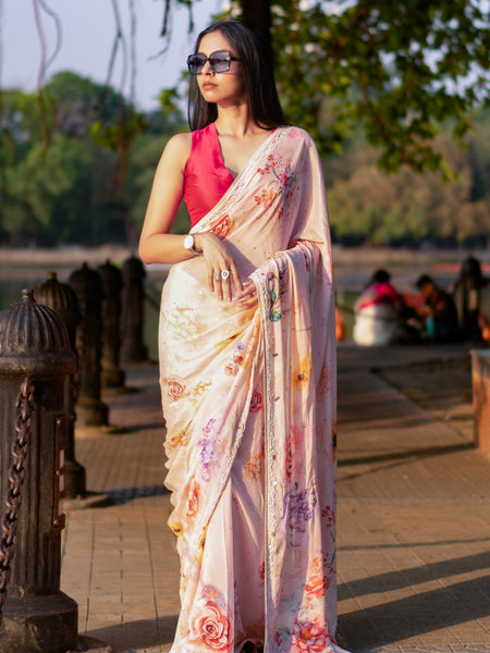 Darling Dahlia Elegant Salmon Pink Chinon Viscose Saree with Multicolor Floral Design
