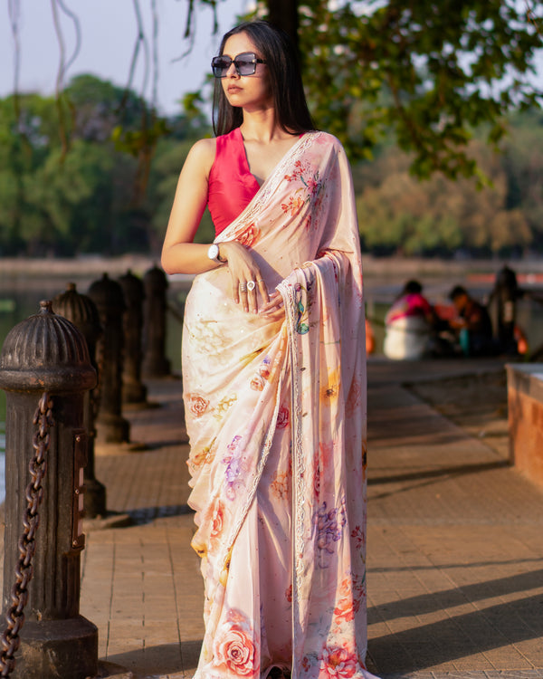 Darling Dahlia Elegant Salmon Pink Chinon Viscose Saree with Multicolor Floral Design