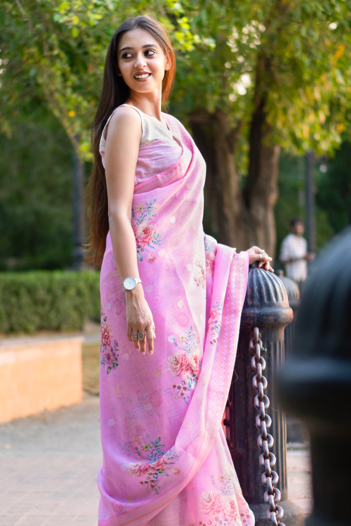 Blush petals Pink Floral Printed Linen Saree with Digital Design