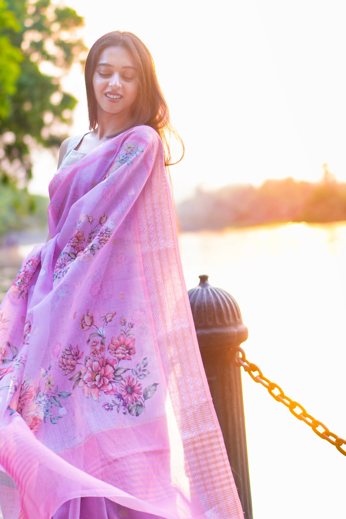 Blush petals Pink Floral Printed Linen Saree with Digital Design