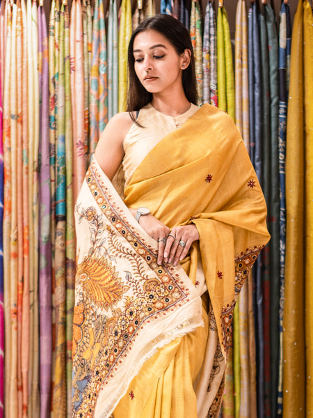 Kamakshi Premium Mustard Yellow Dyed Silk Saree with Artistic Kalamkari Print