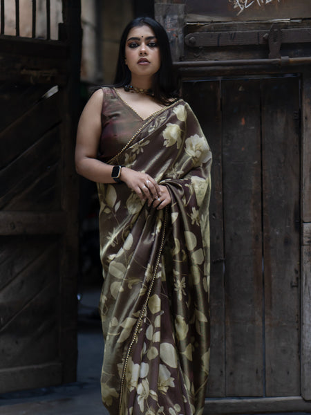 Meroon Flower Majesty Designer Maroon Tissue Organza Saree for Weddings, Festive & Special Occasions