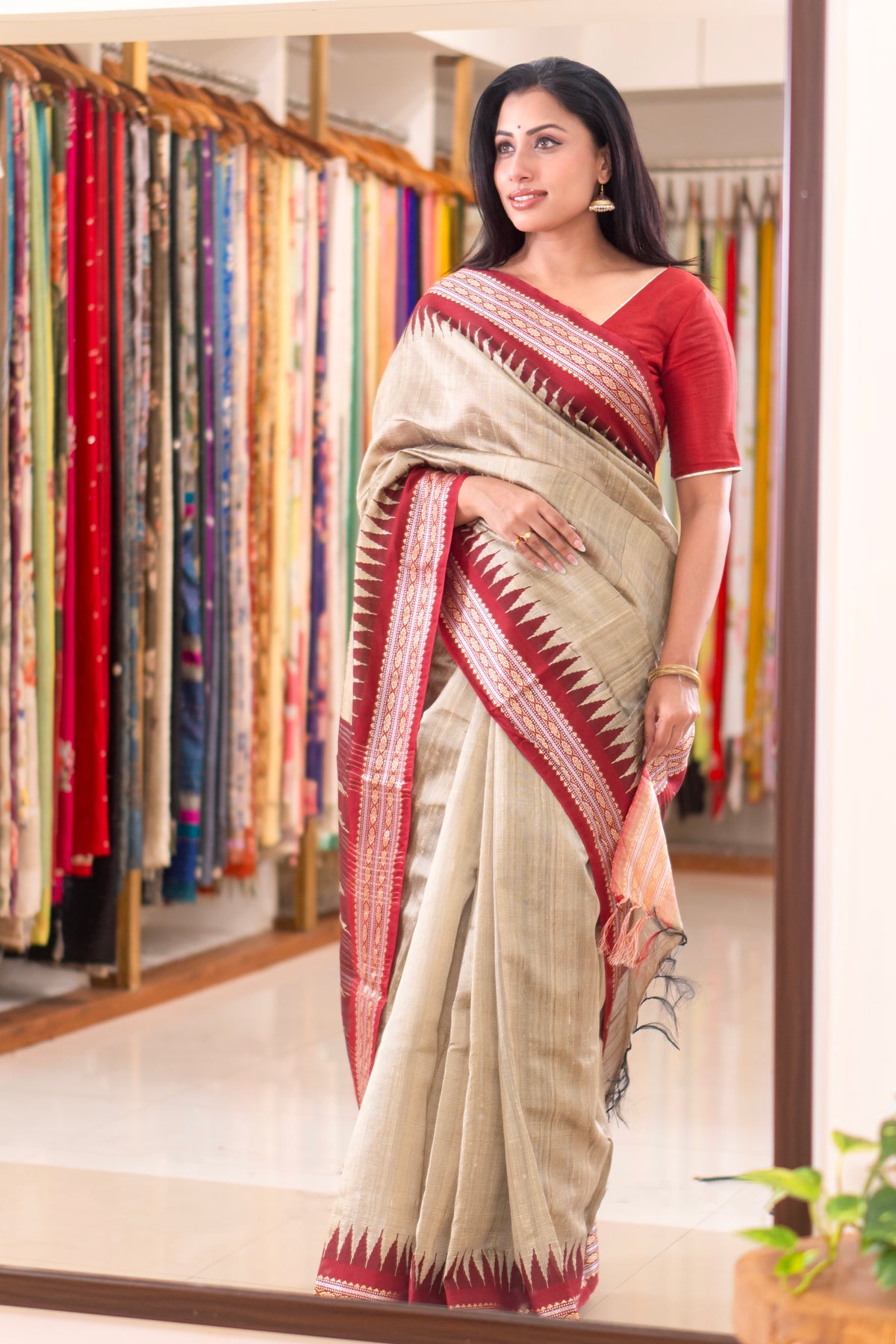 Deep Beige Raw Silk Saree with Vidarbha Border | Elegant Party Wear Ethnic Saree