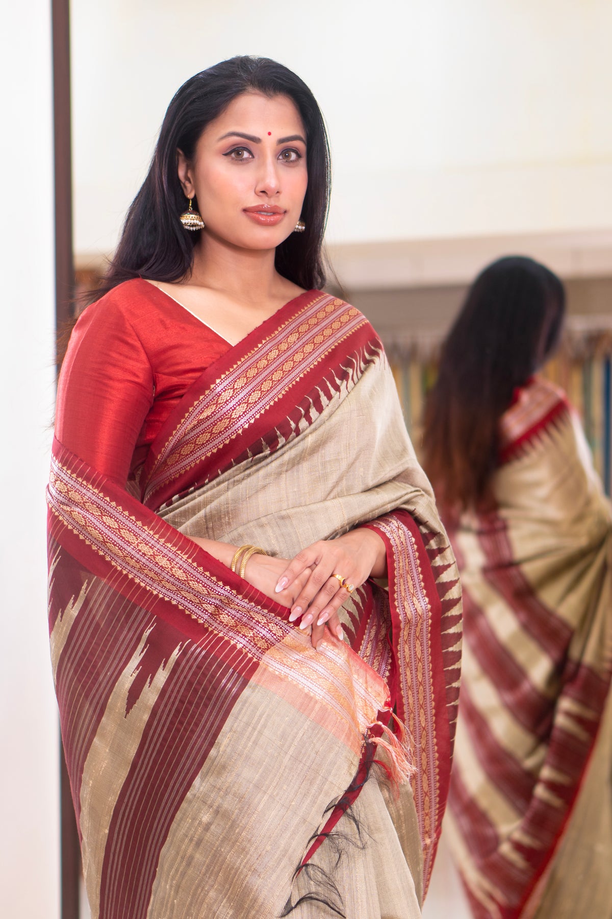 Deep Beige Raw Silk Saree with Vidarbha Border | Elegant Party Wear Ethnic Saree