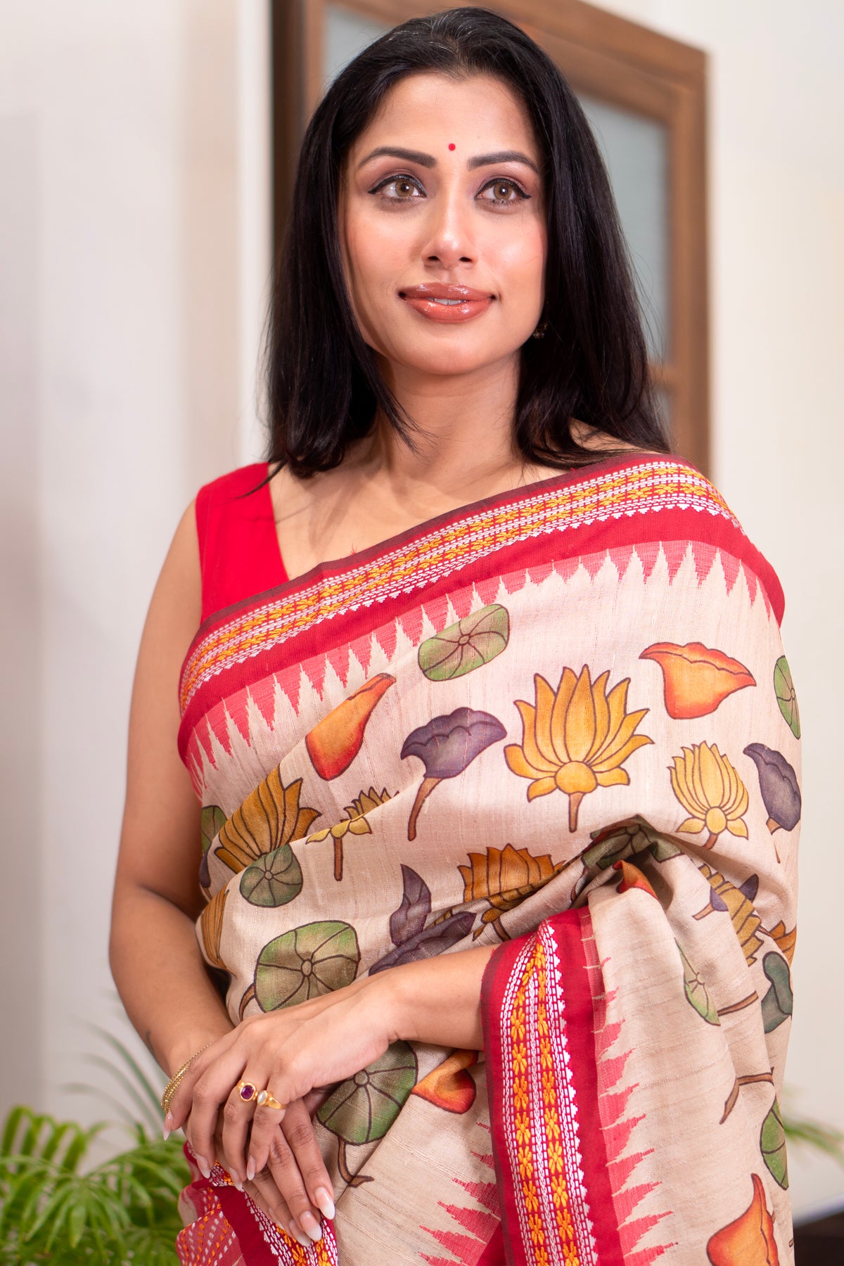 Radiant Drapes Digital Printed Beige Saree with Red Border – Vidarbha Temple Handloom Tussar Saree