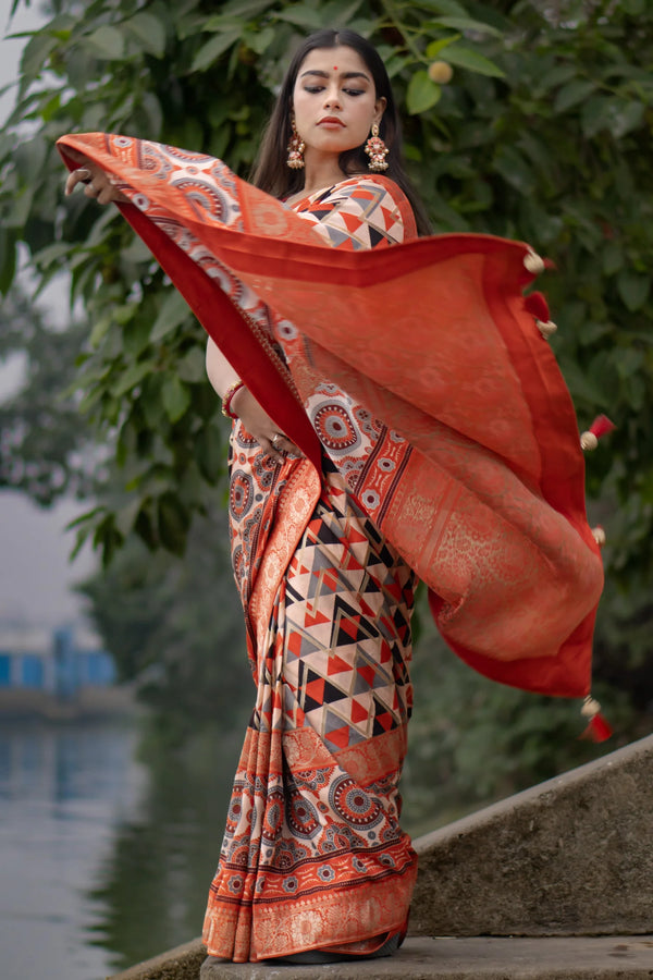 Red parallel charm Elegant Red Khaddi Woven Saree with Floral Motifs & Zari Detailing