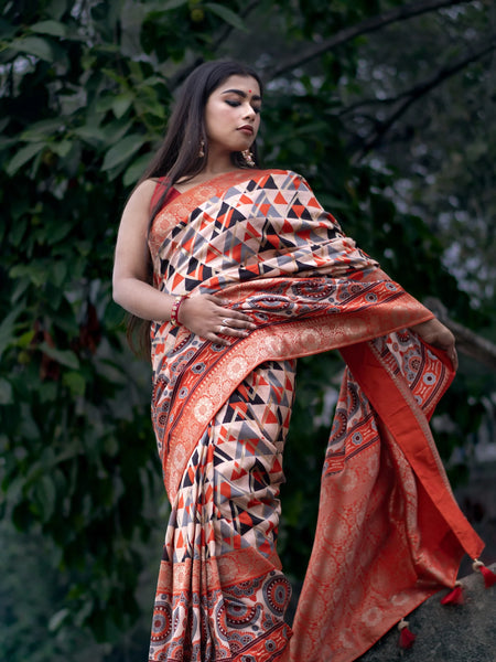 Red parallel charm Elegant Red Khaddi Woven Saree with Floral Motifs & Zari Detailing