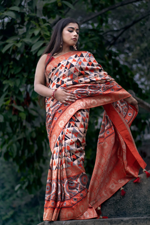 Red parallel charm Elegant Red Khaddi Woven Saree with Floral Motifs & Zari Detailing
