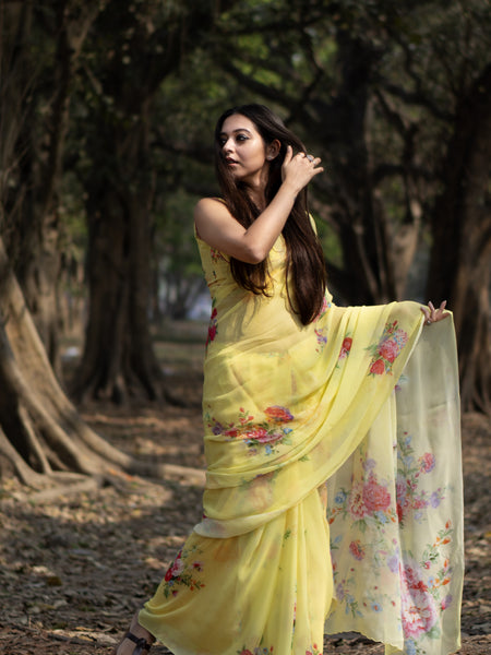 Golden petals | Elegant Yellow Georgette Saree for Women