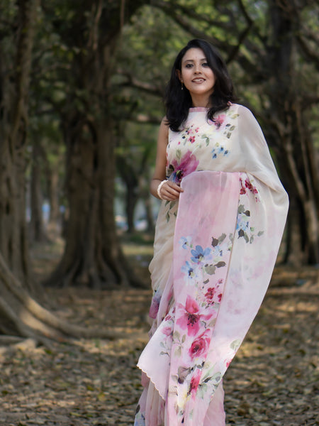 spooky | Women’s Beige Pink Georgette Saree for Stylish Ethnic Look