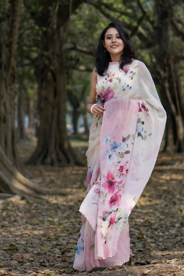 spooky | Women’s Beige Pink Georgette Saree for Stylish Ethnic Look
