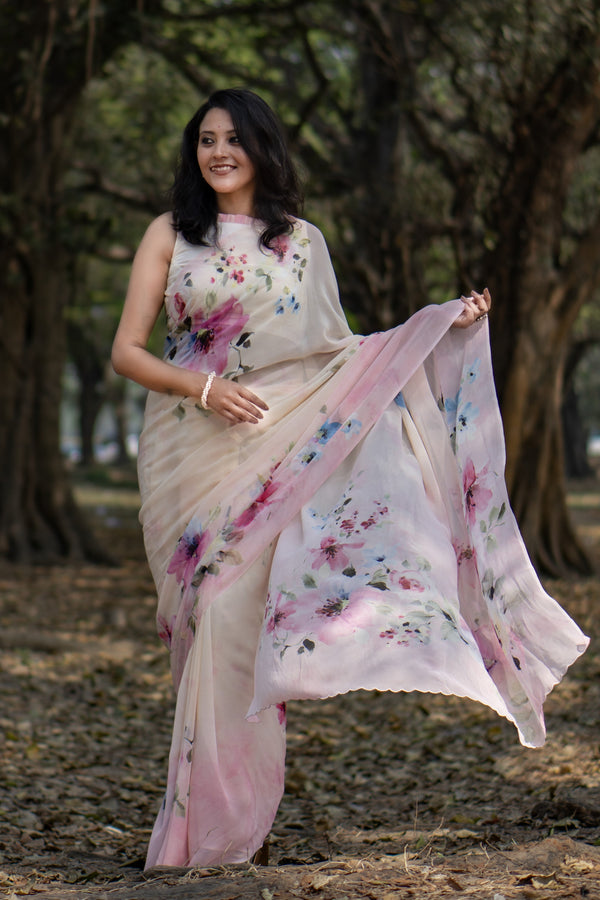 spooky | Women’s Beige Pink Georgette Saree for Stylish Ethnic Look