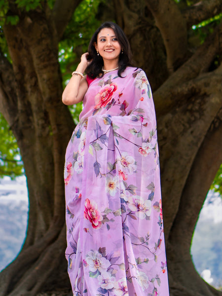 NARD Light Lavender Georgette Saree with All Over Floral Print | Elegant Ethnic Wear Saree