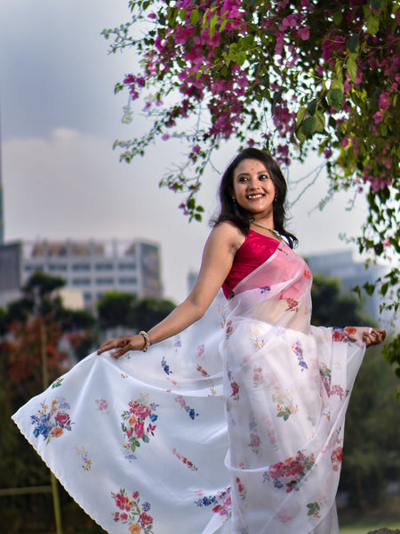 Ivory blossom 1 White Organza Ethnic Saree for Celebrations and Special Occasions