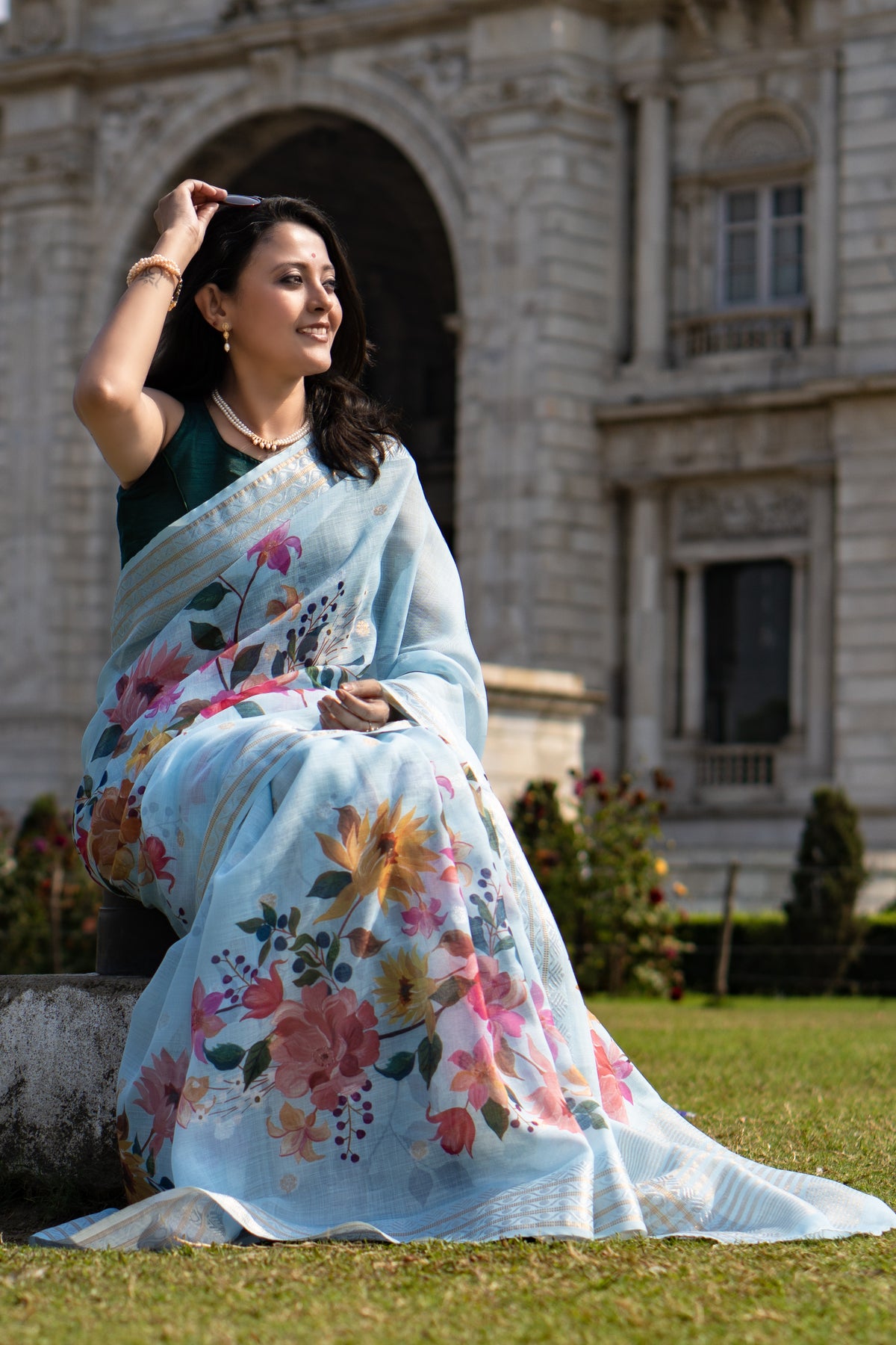 Heavenly handpaint Women's Sky Blue Poly Linen Saree for Festive & Office Wear