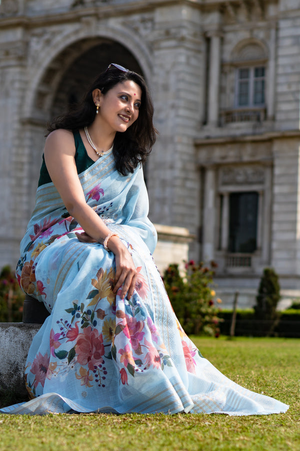 Heavenly handpaint Women's Sky Blue Poly Linen Saree for Festive & Office Wear