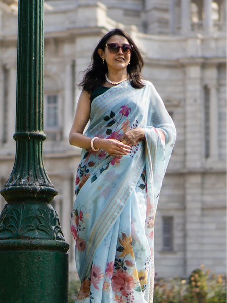 Heavenly handpaint Women's Sky Blue Poly Linen Saree for Festive & Office Wear