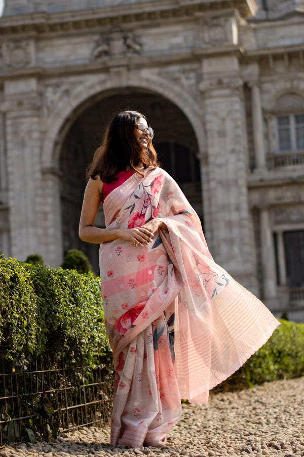Peach delight Elegant Peach Linen Floral Digital Print Saree for Women