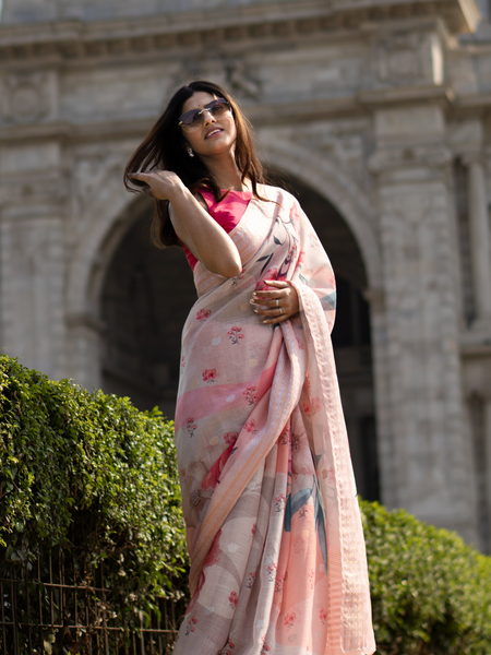 Peach delight Elegant Peach Linen Floral Digital Print Saree for Women