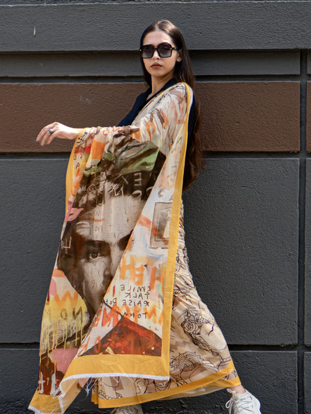 Fridas fusion | Elegant Beige Mulmul Floral Digital Print Saree for Women