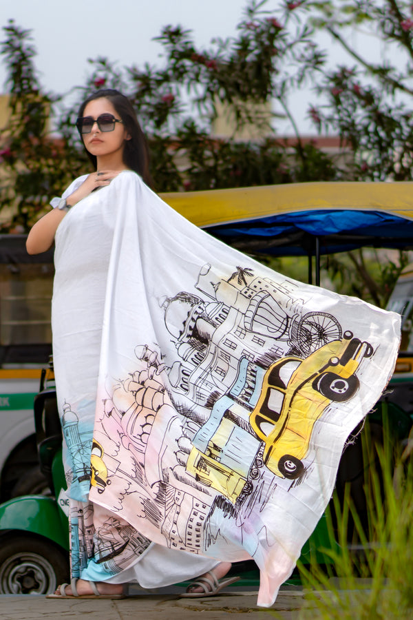 Taxi tales | Women's White Mulmul Cotton Saree for Elegant Wear