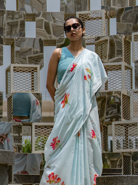 Lotus dream | Elegant Sky Blue Mulmul Floral Digital Print Saree for Women