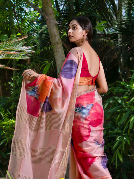 LUCA Pure Tussar Silk Saree with Zari Border & Multicolor Floral Design | Elegant Festive Wear
